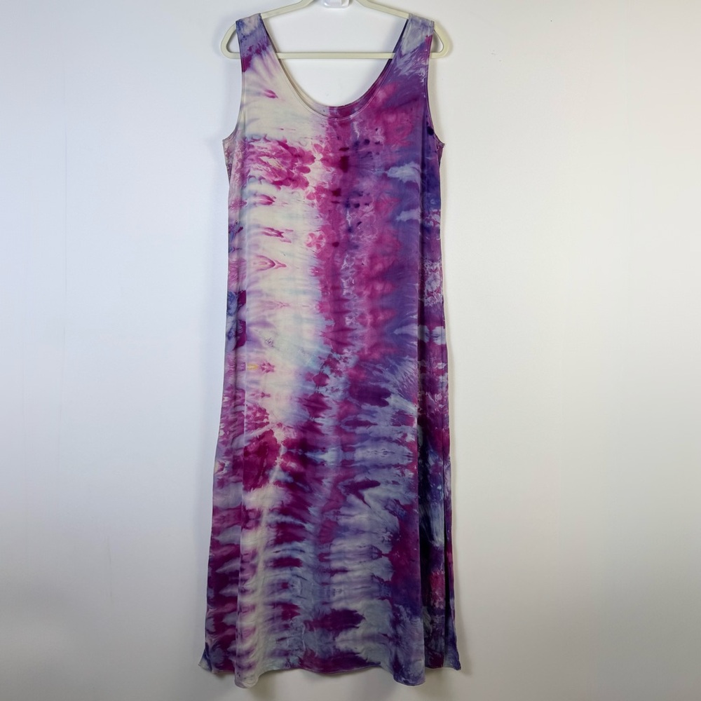 Reeegan Hand Dyed Maxi Dress Large Purple Pink Blue Tie Dye USA Sustainable Soft